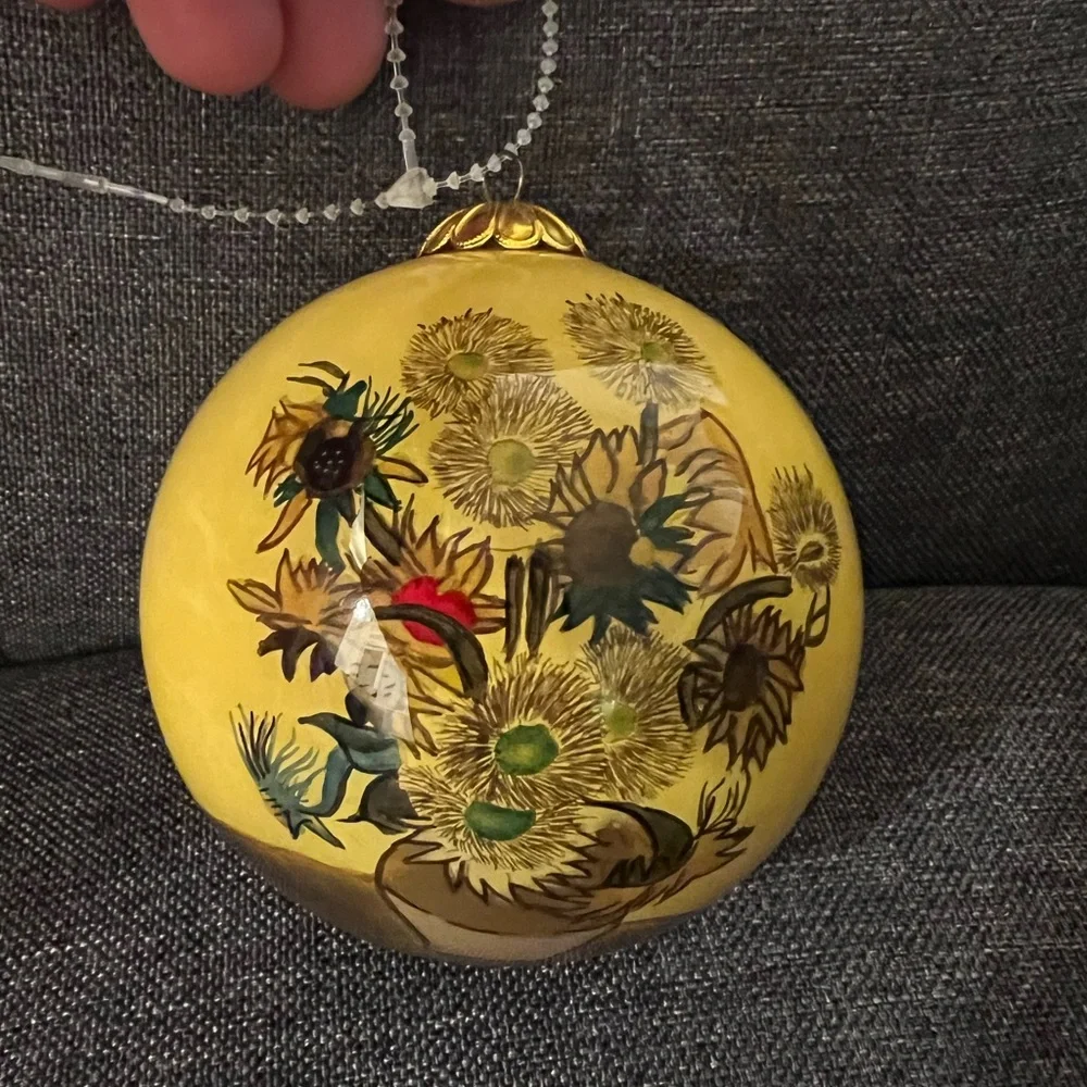 Bill Yee 1992 Sunflowers Inside Hand Painted Glass Christmas Ornament